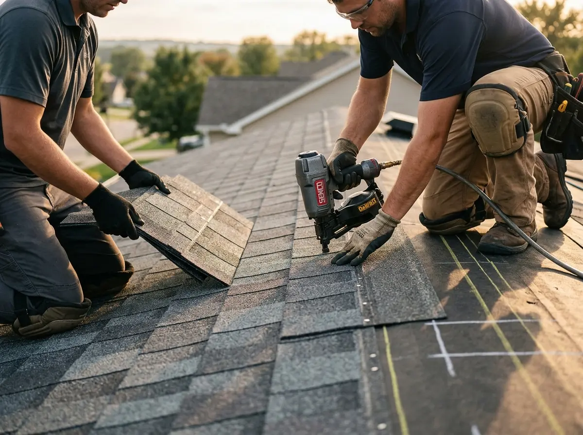 Professional roofer working on a residential roof in Rockport